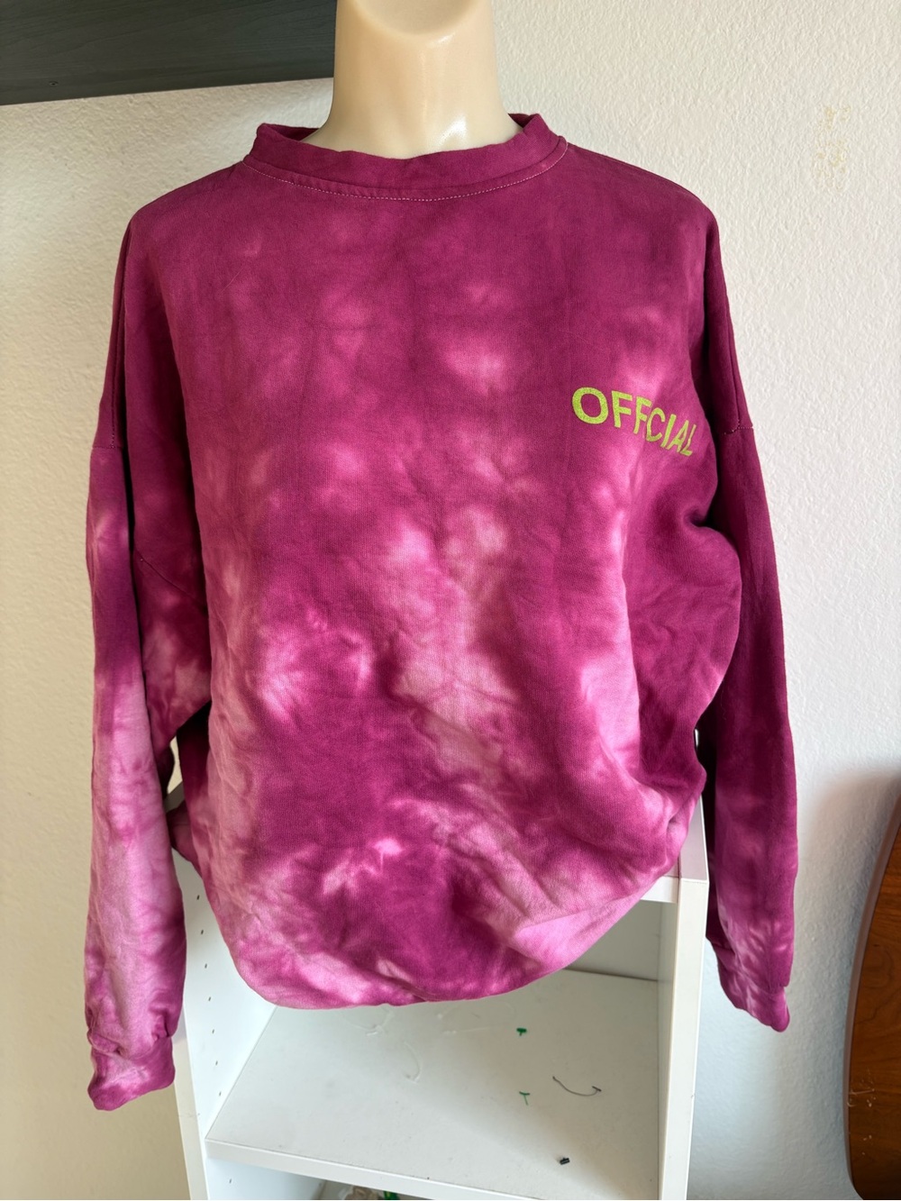 Boohoo Magenta Tie-Dye Crewneck Sweater with Neon green 'OFFICIAL'